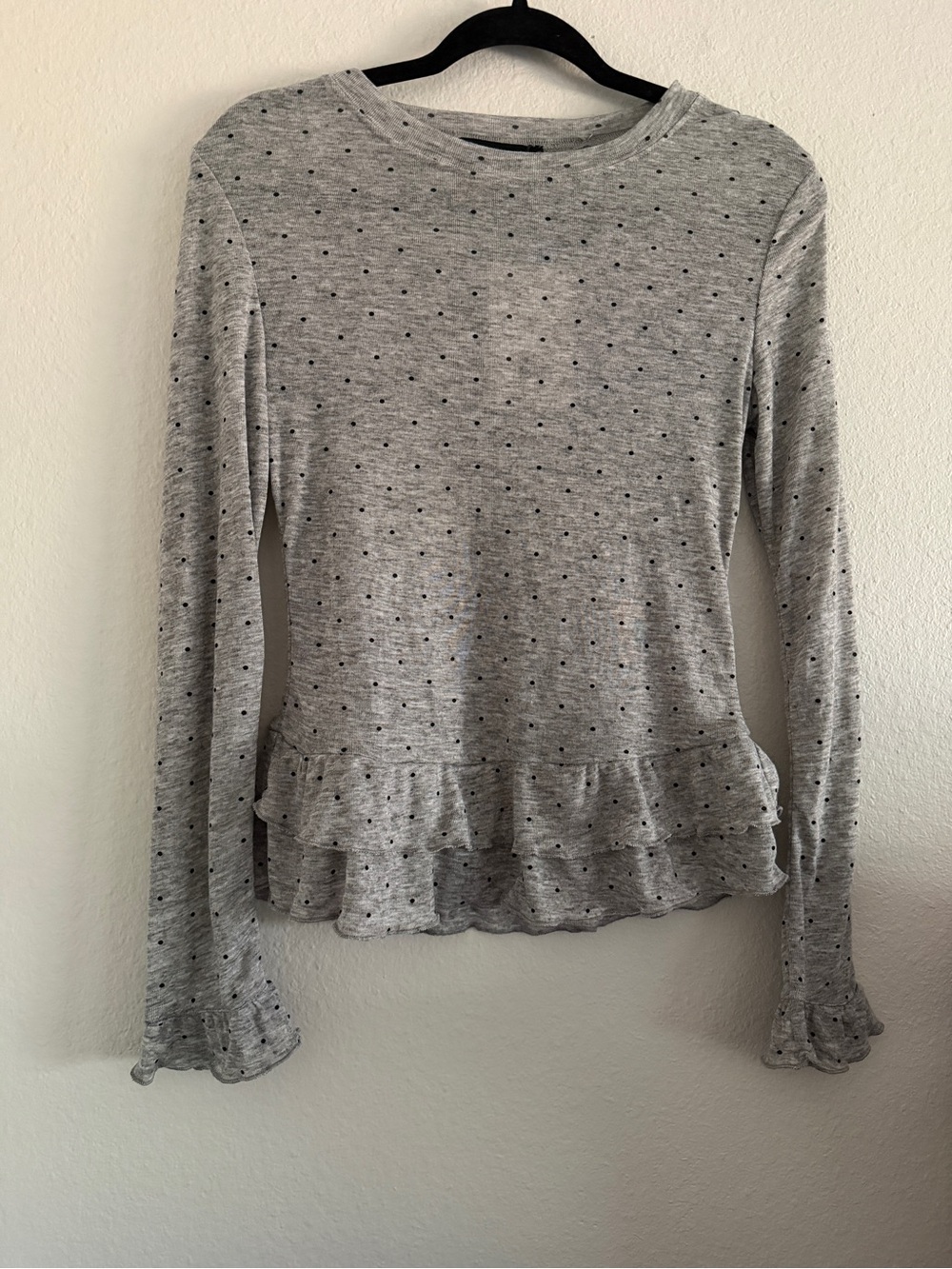 Cider Top Blouse Gray Polka Dot Ruffle New